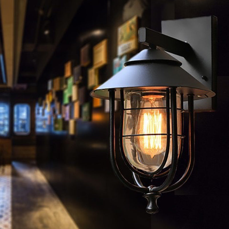 Zeitgenössische industrielle Eisen- & Glass eingekäfigte Zylinder 1-Licht Wandleuchte Lampe für Außenpatio | Brehn