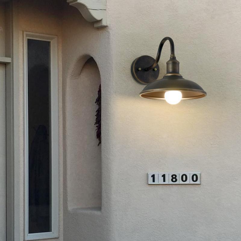 Zeitgenössische industrielle runde Topfdeckel-Form gebogene Stange Eisen Schirm 1-Licht Wandleuchte Lampe für Außenpatio | Brehn