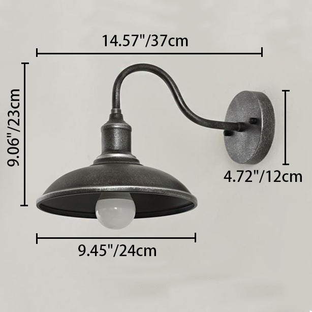 Zeitgenössische industrielle runde Topfdeckel-Form gebogene Stange Eisen Schirm 1-Licht Wandleuchte Lampe für Außenpatio | Brehn