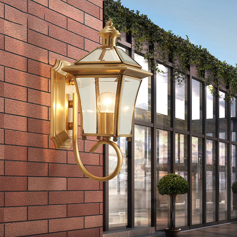 Traditioneller europäischer Quadrant Kerzenhalter Kupferrahmen Glas-schirm 1-Lampe Wandleuchte für Garten | Brehn