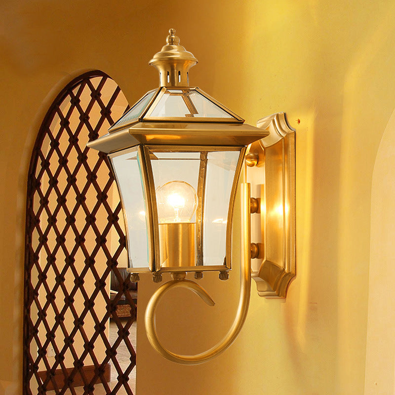Traditioneller europäischer Quadrant Kerzenhalter Kupferrahmen Glas-schirm 1-Lampe Wandleuchte für Garten | Brehn