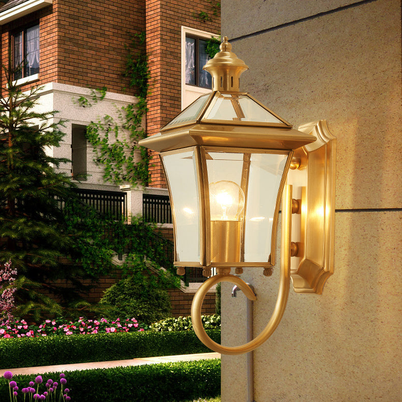 Traditioneller europäischer Quadrant Kerzenhalter Kupferrahmen Glas-schirm 1-Lampe Wandleuchte für Garten | Brehn