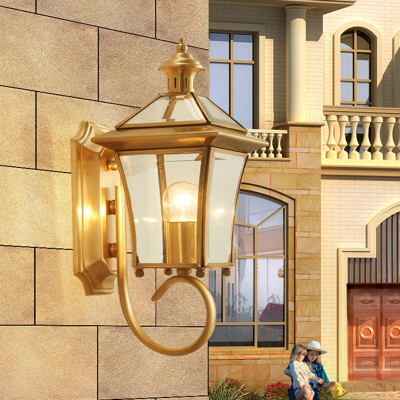 Traditioneller europäischer Quadrant Kerzenhalter Kupferrahmen Glas-schirm 1-Lampe Wandleuchte für Garten | Brehn