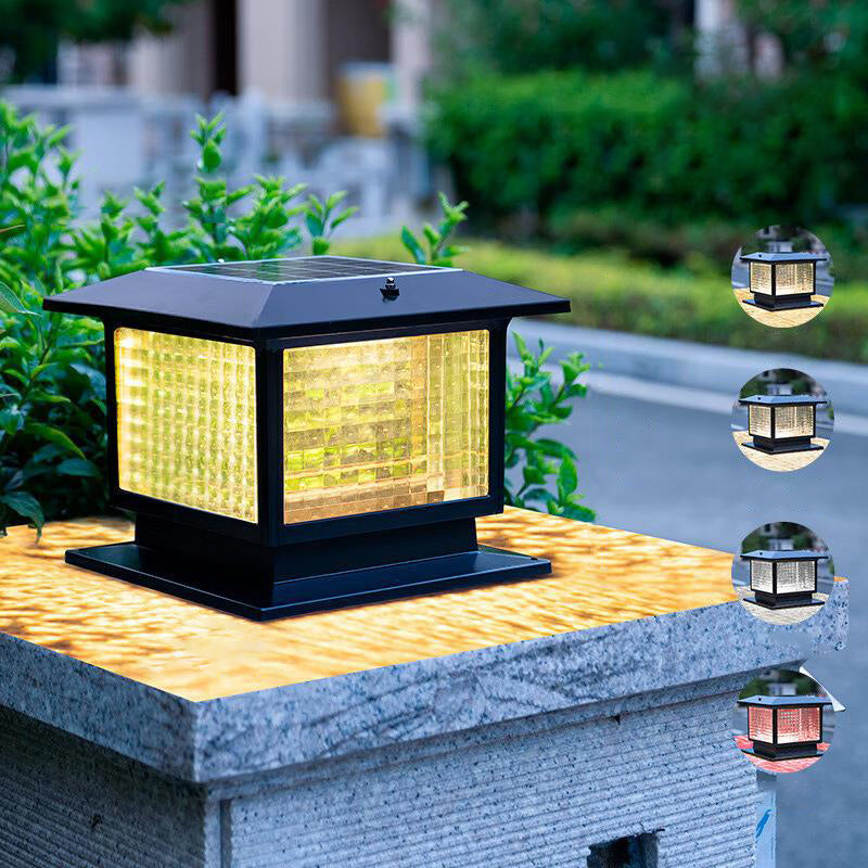 Moderner minimalistischer solarbetriebener wasserdichter rechteckiger Diamantstreifen-Glas-Schirm Aluminiumrahmen LED-Pfostenkopflicht für den Garten | Brehn