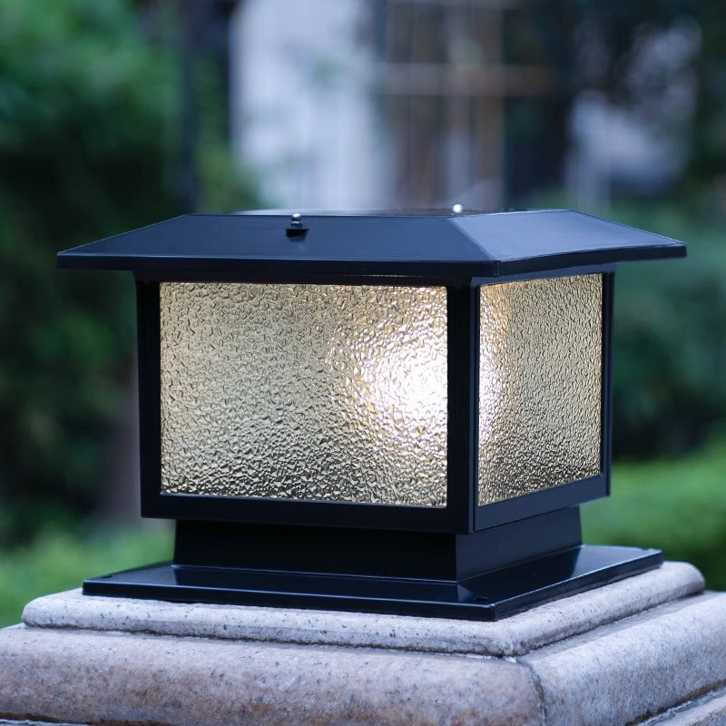 Moderner minimalistischer solarbetriebener wasserdichter rechteckiger Diamantstreifen-Glas-Schirm Aluminiumrahmen LED-Pfostenkopflicht für den Garten | Brehn
