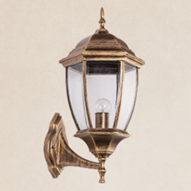 Zeitgenössische Retro Wasserdichte Sechseckige Käfig Aluminium Mattiertes Klarglas 1-Licht Wandlampe Für Außenpatio | Brehn