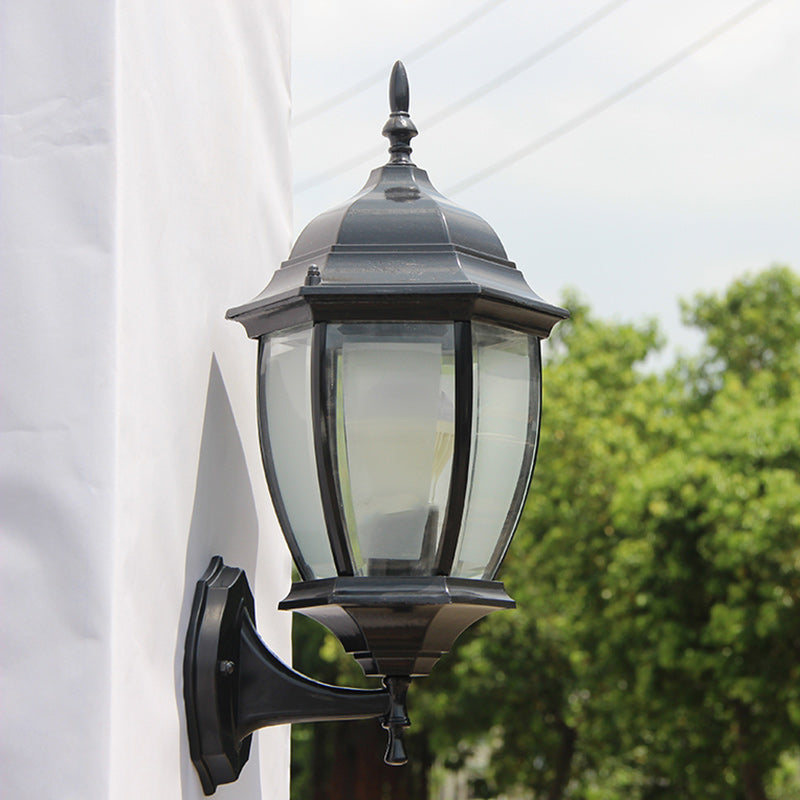 Zeitgenössische Retro Wasserdichte Sechseckige Käfig Aluminium Mattiertes Klarglas 1-Licht Wandlampe Für Außenpatio | Brehn