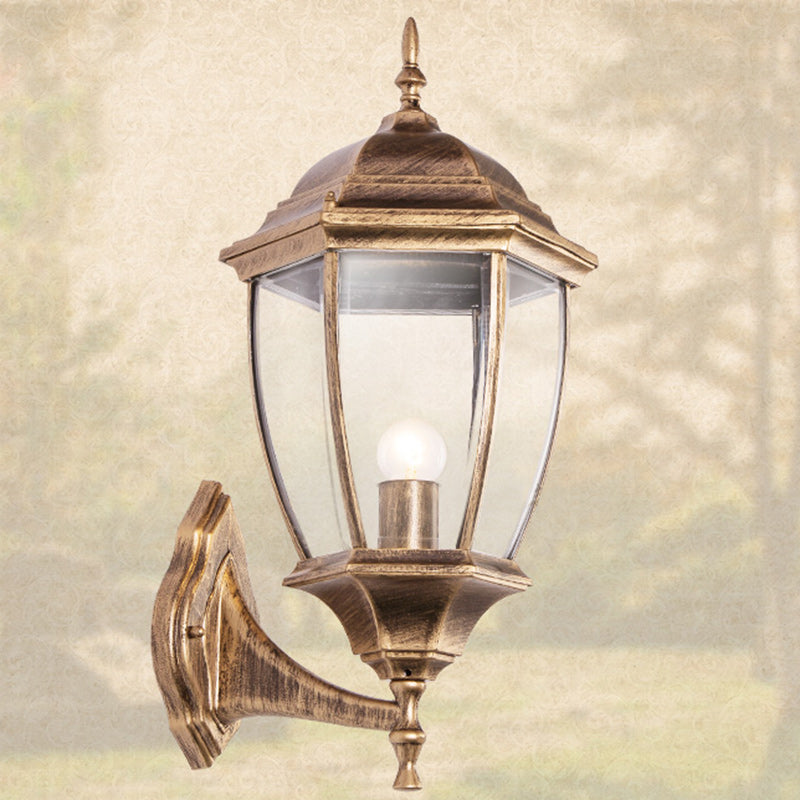 Zeitgenössische Retro Wasserdichte Sechseckige Käfig Aluminium Mattiertes Klarglas 1-Licht Wandlampe Für Außenpatio | Brehn