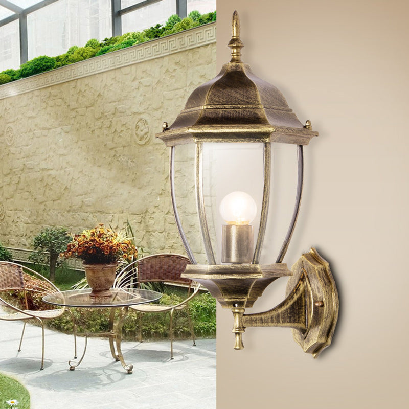 Zeitgenössische Retro Wasserdichte Sechseckige Käfig Aluminium Mattiertes Klarglas 1-Licht Wandlampe Für Außenpatio | Brehn