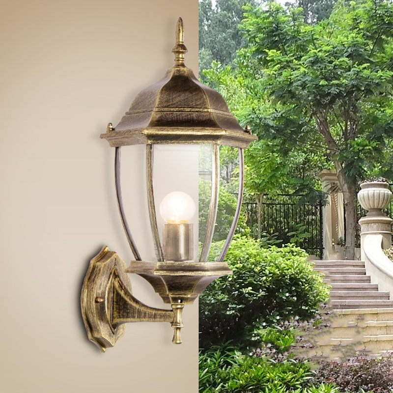 Zeitgenössische Retro Wasserdichte Sechseckige Käfig Aluminium Mattiertes Klarglas 1-Licht Wandlampe Für Außenpatio | Brehn