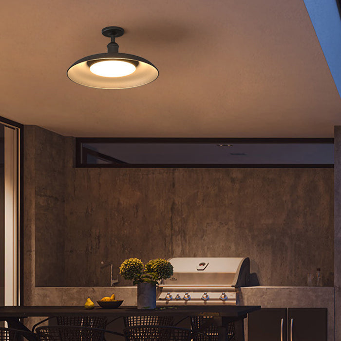 Traditionelle Vintage wasserdichte ausgestellte Zylinder-Scheibenbasis Eisen 1-Licht Semi-Flush Mount Deckenleuchte für Außenpatio | Brehn