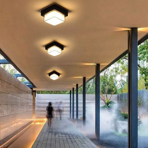Moderner minimalistischer wasserdichter quadratischer runder Zylinder aus Druckguss-Aluminium Acryl LED Deckenleuchte für Außenpatio | Brehn