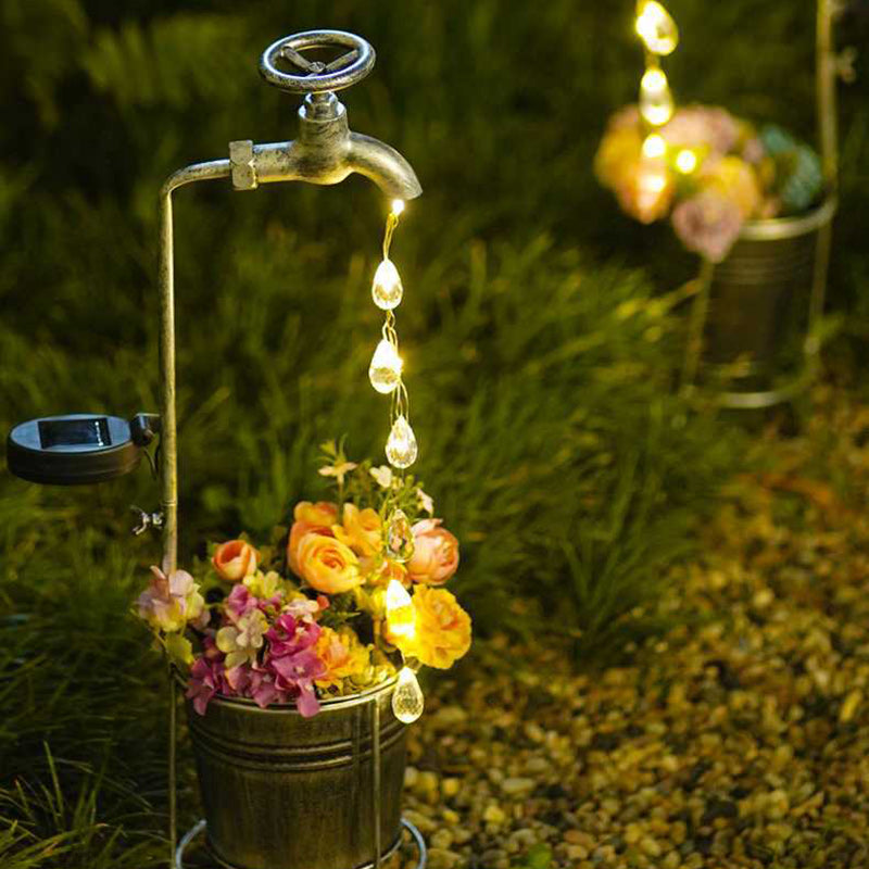 Moderne Art Deco Solar Wasserhahn Wasser Tropfen Fließendes Wasser Pflanzenform Eisen LED Außenlicht Für Garten | Brehn
