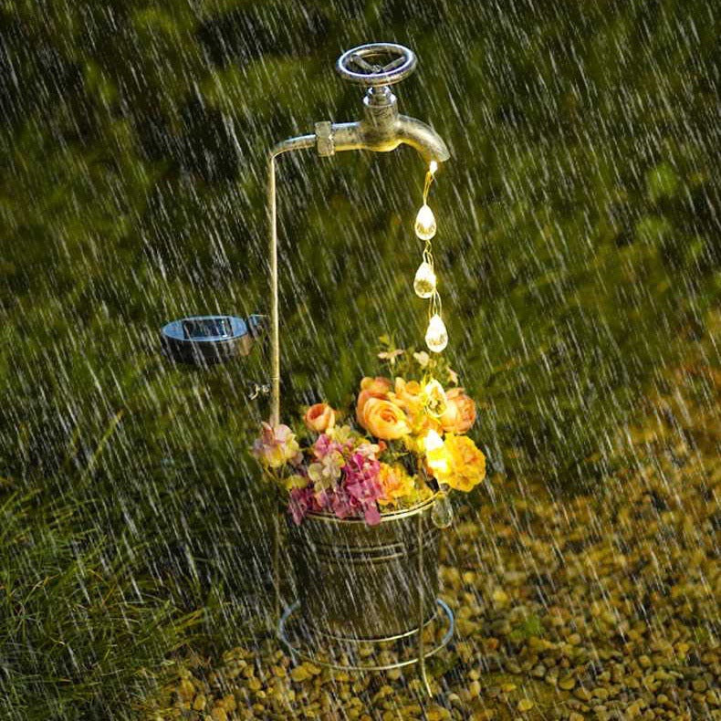 Moderne Art Deco Solar Wasserhahn Wasser Tropfen Fließendes Wasser Pflanzenform Eisen LED Außenlicht Für Garten | Brehn