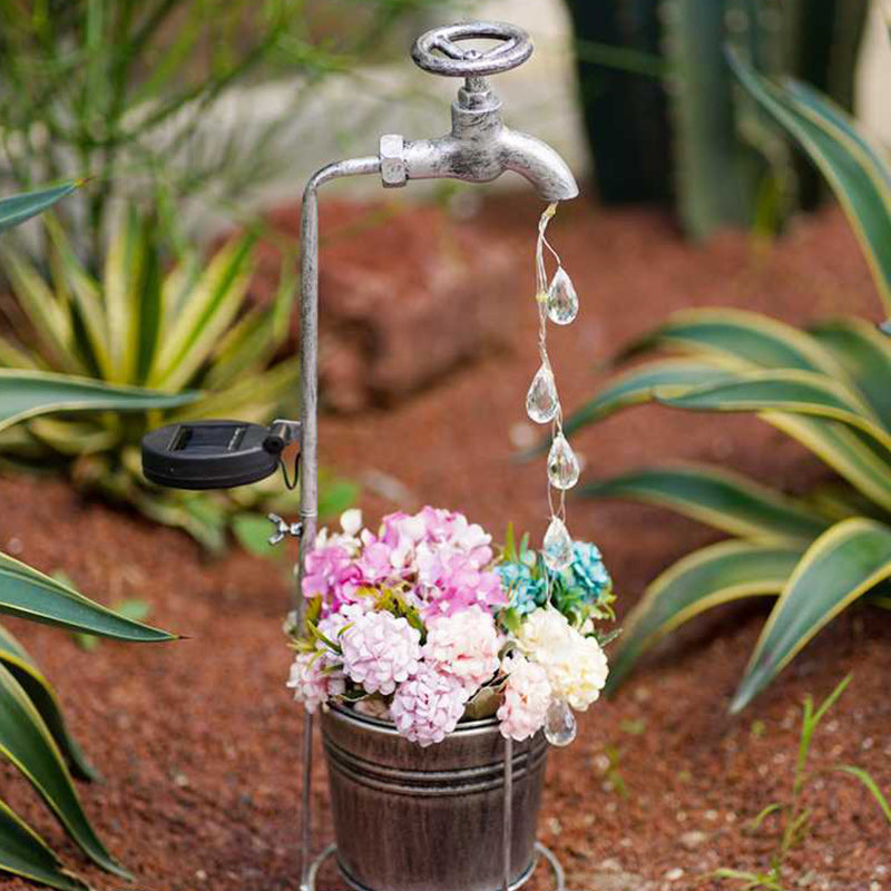 Moderne Art Deco Solar Wasserhahn Wasser Tropfen Fließendes Wasser Pflanzenform Eisen LED Außenlicht Für Garten | Brehn