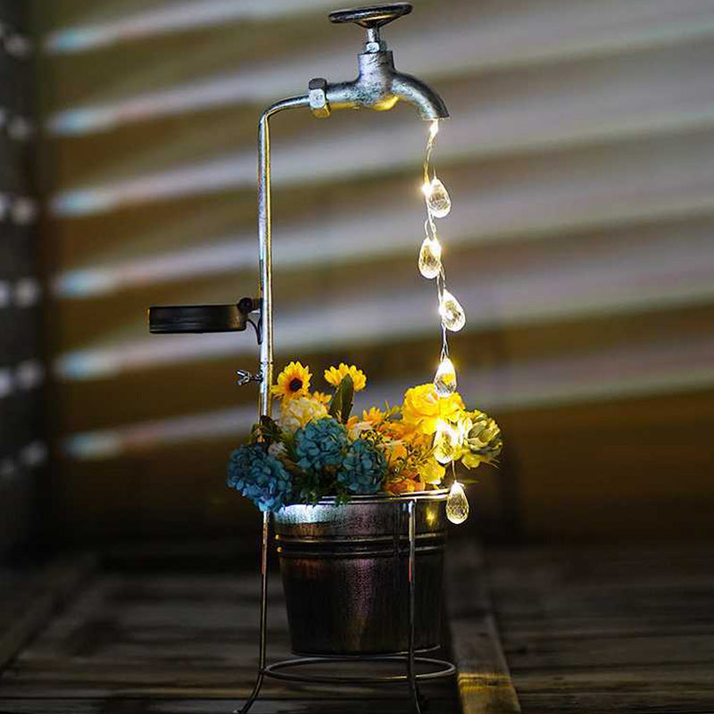 Moderne Art Deco Solar Wasserhahn Wasser Tropfen Fließendes Wasser Pflanzenform Eisen LED Außenlicht Für Garten | Brehn