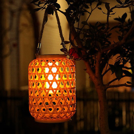 Moderne Art Deco Solar Wasserdicht Imitation Rattan Gewebte Laterne Zylindrische Kunststoff LED Außenlicht Für Garten | Brehn