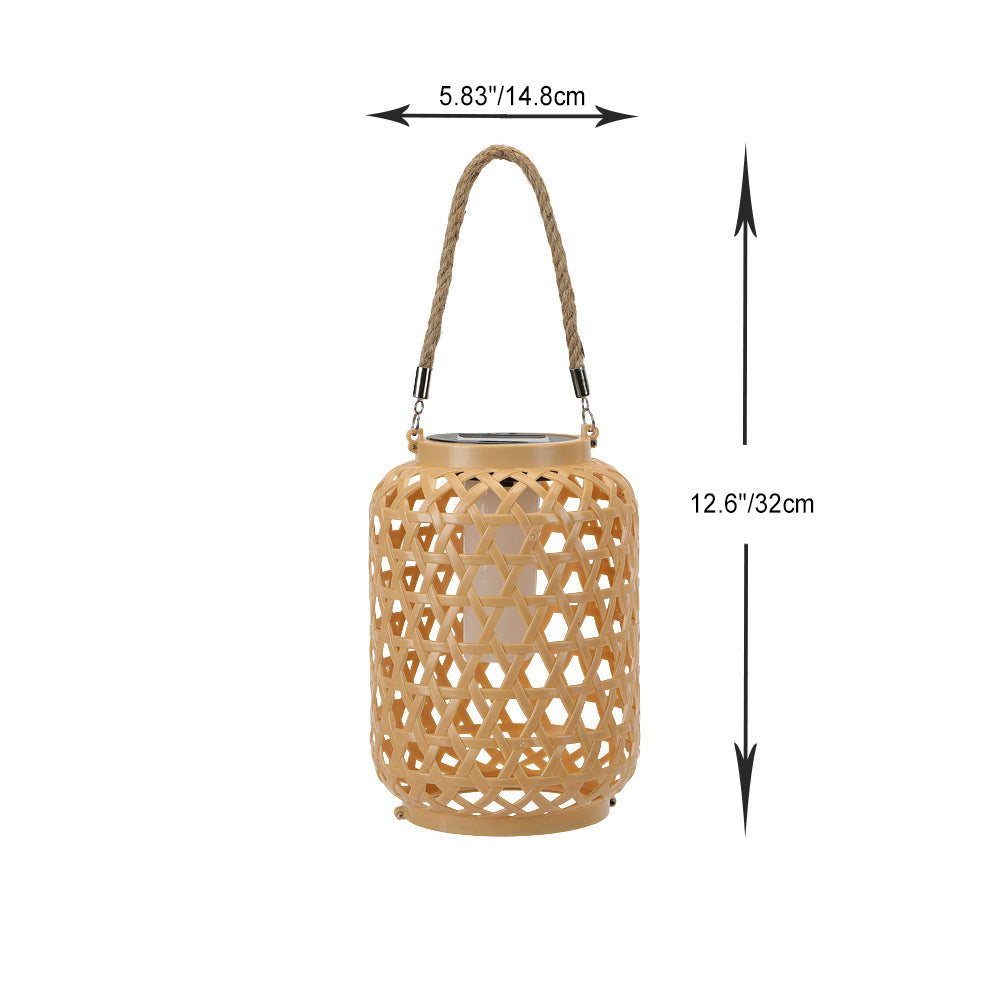 Moderne Art Deco Solar Wasserdicht Imitation Rattan Gewebte Laterne Zylindrische Kunststoff LED Außenlicht Für Garten | Brehn