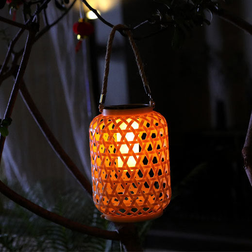 Moderne Art Deco Solar Wasserdicht Imitation Rattan Gewebte Laterne Zylindrische Kunststoff LED Außenlicht Für Garten | Brehn