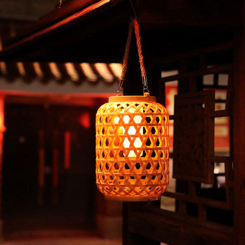Moderne Art Deco Solar Wasserdicht Imitation Rattan Gewebte Laterne Zylindrische Kunststoff LED Außenlicht Für Garten | Brehn