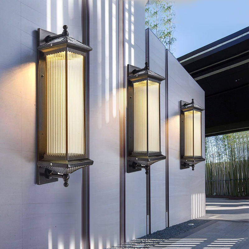 Traditionelles chinesisches wasserdichtes rechteckiges Glas-Metall 1-Licht-Wand sconce Lampe für Außenpatio | Brehn