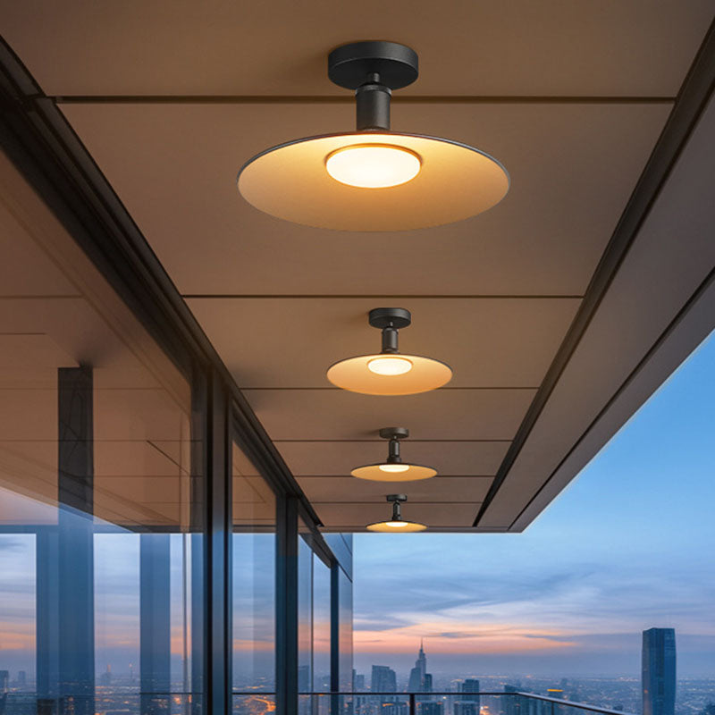 Zeitgenössische industrielle wasserdichte Aluminium runde 1-Licht Semi-Flush-Mount Deckenleuchte für den Außenbereich Patio | Brehn