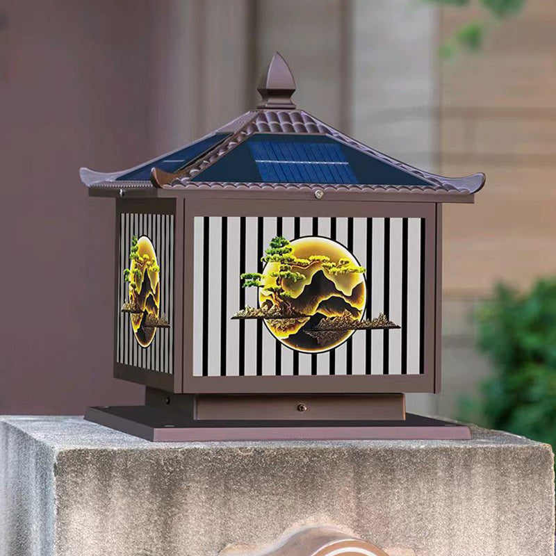 Traditionelle chinesische Solar wasserdichte Aluminium PC Glas Kiefer Baum quadratische Zylinder LED Landschaft Beleuchtung Außenlicht für Außenpatio | Brehn