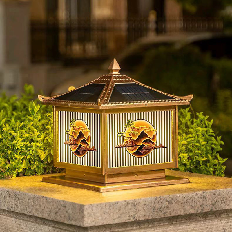 Traditionelle chinesische Solar wasserdichte Aluminium PC Glas Kiefer Baum quadratische Zylinder LED Landschaft Beleuchtung Außenlicht für Außenpatio | Brehn