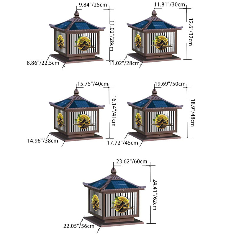 Traditionelle chinesische Solar wasserdichte Aluminium PC Glas Kiefer Baum quadratische Zylinder LED Landschaft Beleuchtung Außenlicht für Außenpatio | Brehn