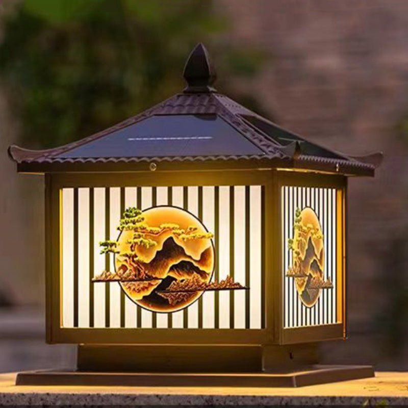 Traditionelle chinesische Solar wasserdichte Aluminium PC Glas Kiefer Baum quadratische Zylinder LED Landschaft Beleuchtung Außenlicht für Außenpatio | Brehn