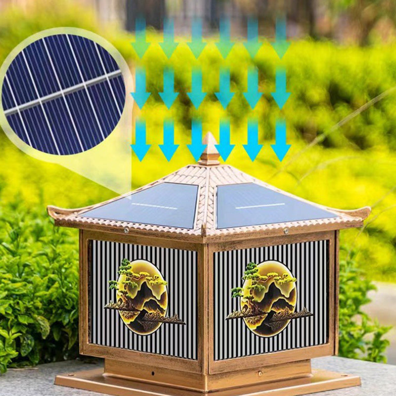 Traditionelle chinesische Solar wasserdichte Aluminium PC Glas Kiefer Baum quadratische Zylinder LED Landschaft Beleuchtung Außenlicht für Außenpatio | Brehn