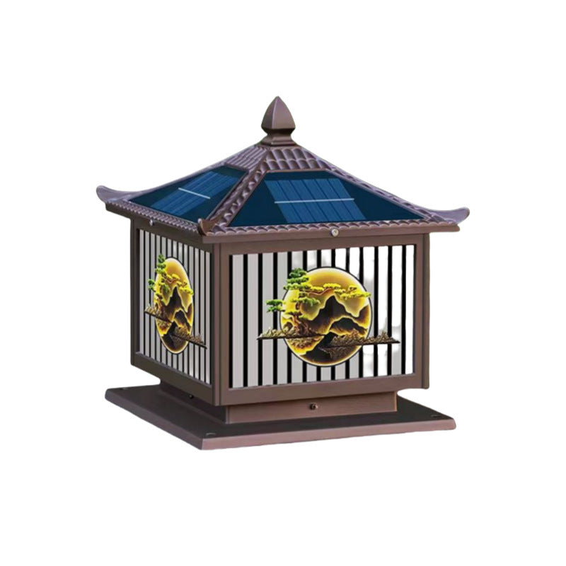 Traditionelle chinesische Solar wasserdichte Aluminium PC Glas Kiefer Baum quadratische Zylinder LED Landschaft Beleuchtung Außenlicht für Außenpatio | Brehn
