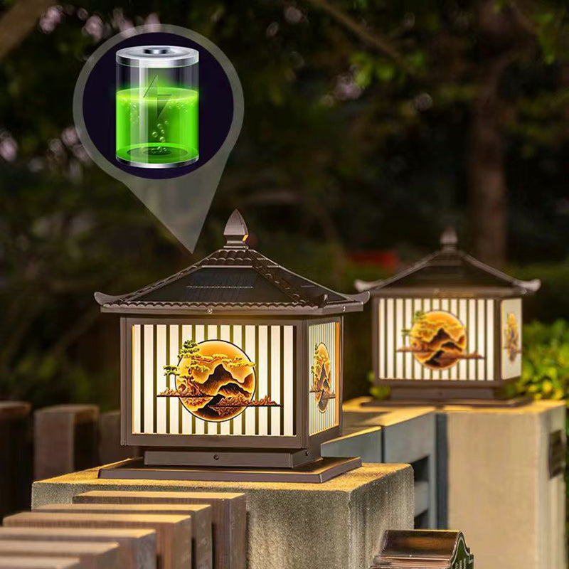Traditionelle chinesische Solar wasserdichte Aluminium PC Glas Kiefer Baum quadratische Zylinder LED Landschaft Beleuchtung Außenlicht für Außenpatio | Brehn