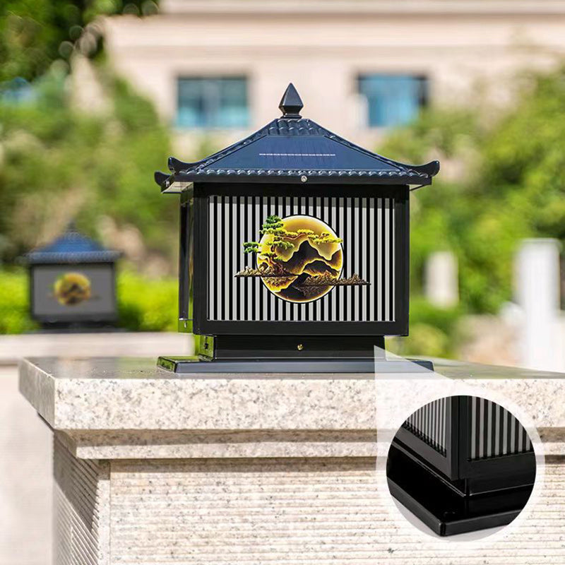 Traditionelle chinesische Solar wasserdichte Aluminium PC Glas Kiefer Baum quadratische Zylinder LED Landschaft Beleuchtung Außenlicht für Außenpatio | Brehn