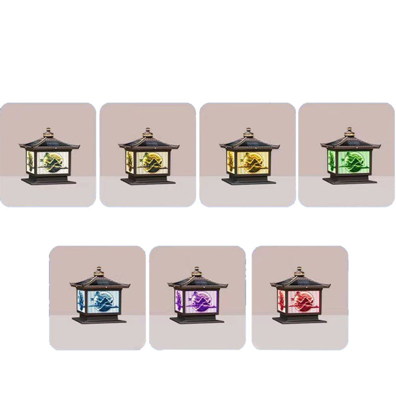 Traditionelle chinesische Solar wasserdichte Aluminium PC Glas Kiefer Baum quadratische Zylinder LED Landschaft Beleuchtung Außenlicht für Außenpatio | Brehn