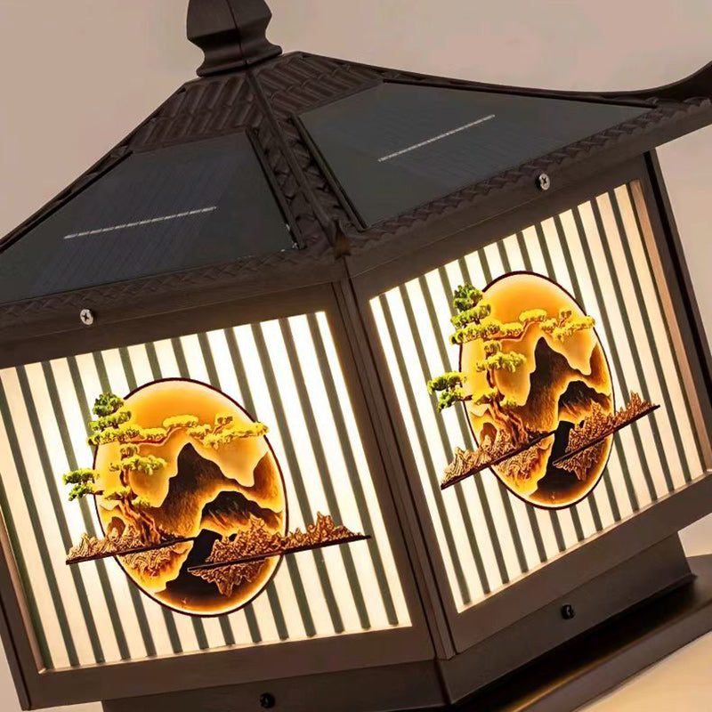 Traditionelle chinesische Solar wasserdichte Aluminium PC Glas Kiefer Baum quadratische Zylinder LED Landschaft Beleuchtung Außenlicht für Außenpatio | Brehn