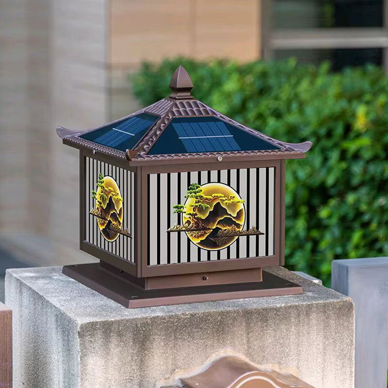 Traditionelle chinesische Solar wasserdichte Aluminium PC Glas Kiefer Baum quadratische Zylinder LED Landschaft Beleuchtung Außenlicht für Außenpatio | Brehn