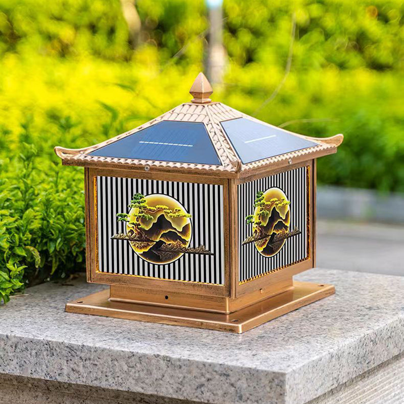 Traditionelle chinesische Solar wasserdichte Aluminium PC Glas Kiefer Baum quadratische Zylinder LED Landschaft Beleuchtung Außenlicht für Außenpatio | Brehn