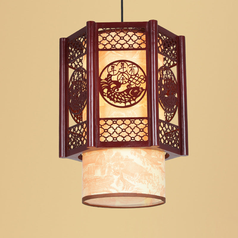Traditionelle chinesische Zylinderlaterne aus Holz und PVC mit geschnitztem Fischmotiv, 1-flammige Pendelleuchte für das Esszimmer