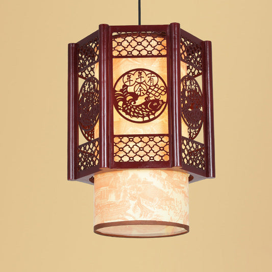 Traditionelle chinesische Zylinderlaterne aus Holz und PVC mit geschnitztem Fischmotiv, 1-flammige Pendelleuchte für das Esszimmer