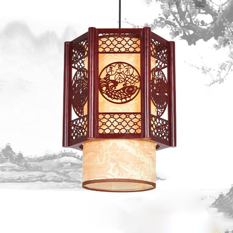 Traditionelle chinesische Zylinderlaterne aus Holz und PVC mit geschnitztem Fischmotiv, 1-flammige Pendelleuchte für das Esszimmer
