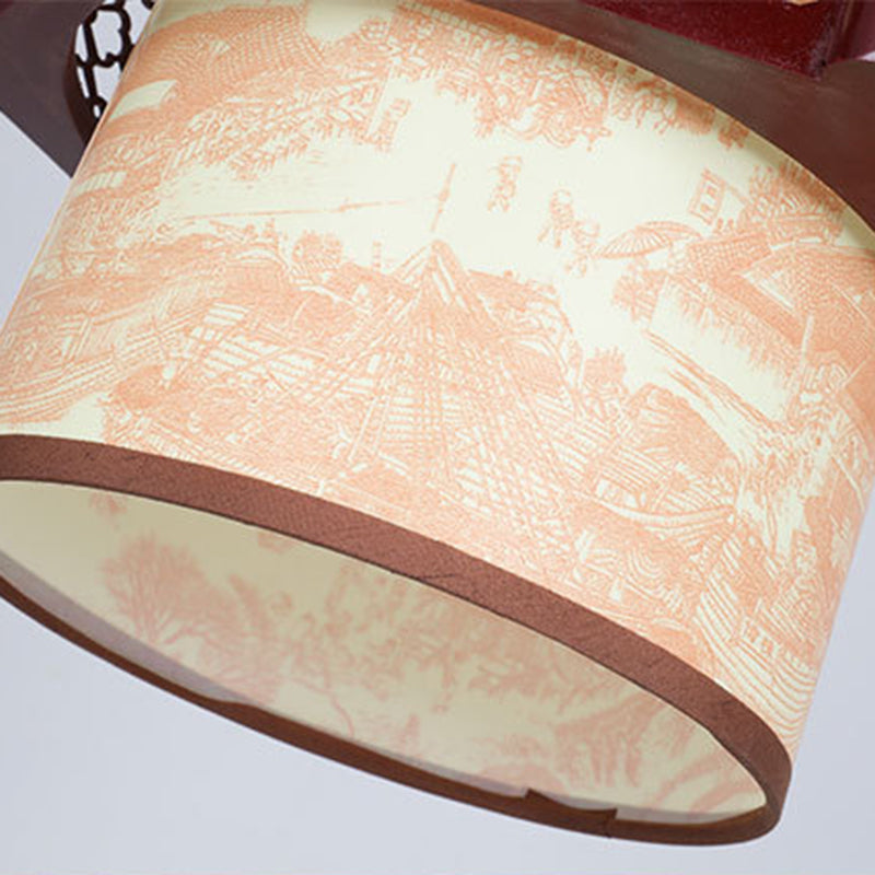 Traditionelle chinesische Zylinderlaterne aus Holz und PVC mit geschnitztem Fischmotiv, 1-flammige Pendelleuchte für das Esszimmer
