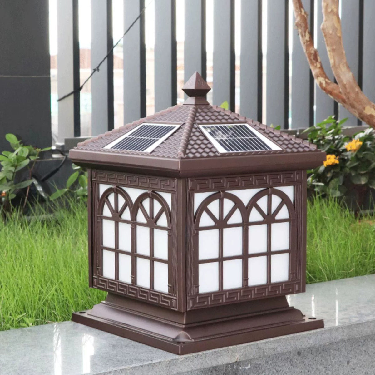 Traditionelle chinesische Solar wasserdichte Aluminium Acrylglas Zylindermaske LED Landschaftsbeleuchtung Außenlicht für den Garten | Brehn
