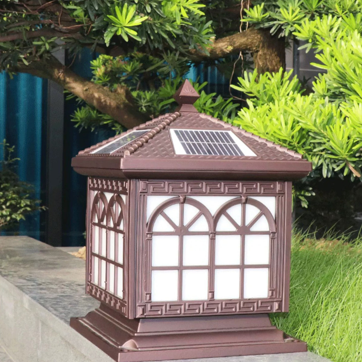 Traditionelle chinesische Solar wasserdichte Aluminium Acrylglas Zylindermaske LED Landschaftsbeleuchtung Außenlicht für den Garten | Brehn