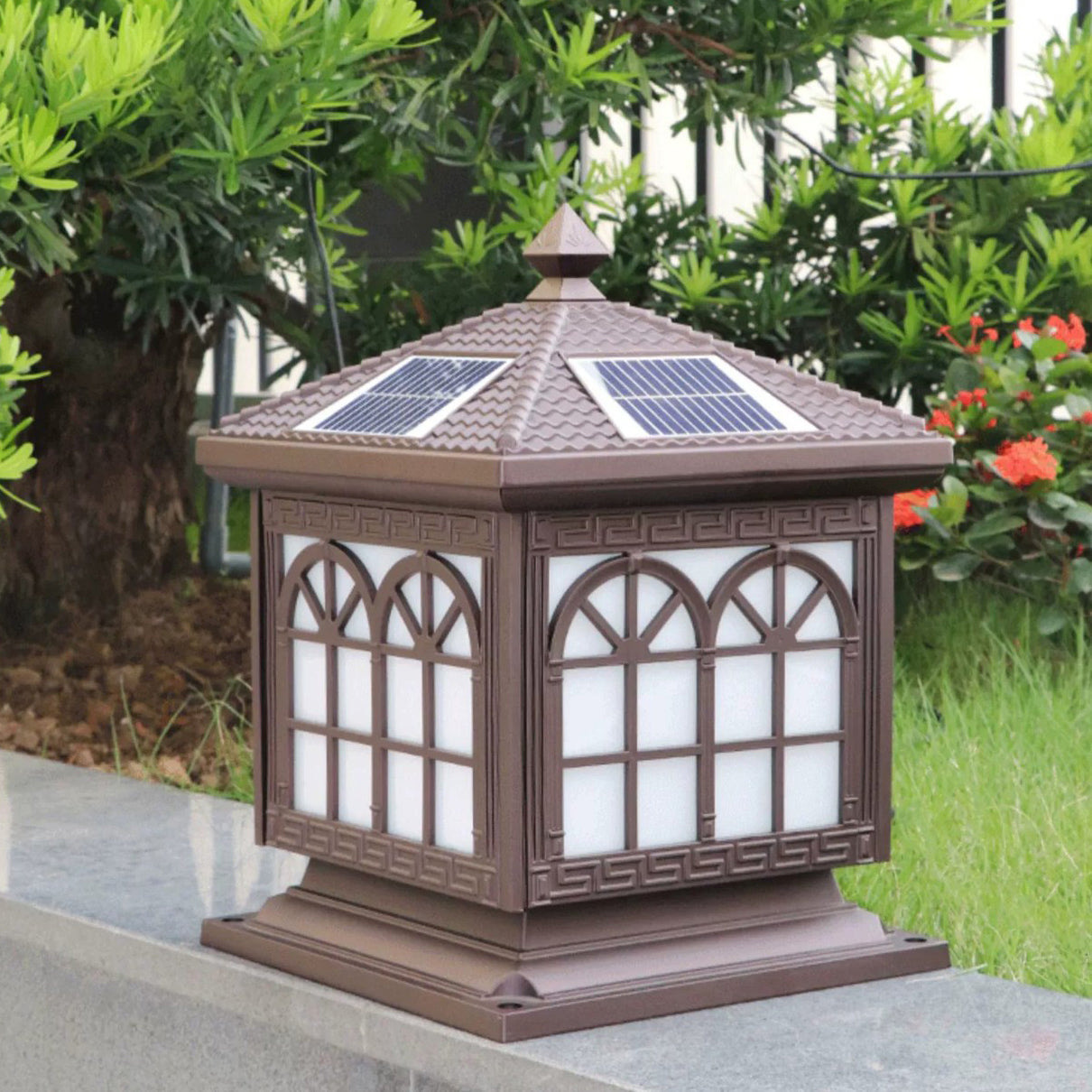 Traditionelle chinesische Solar wasserdichte Aluminium Acrylglas Zylindermaske LED Landschaftsbeleuchtung Außenlicht für den Garten | Brehn