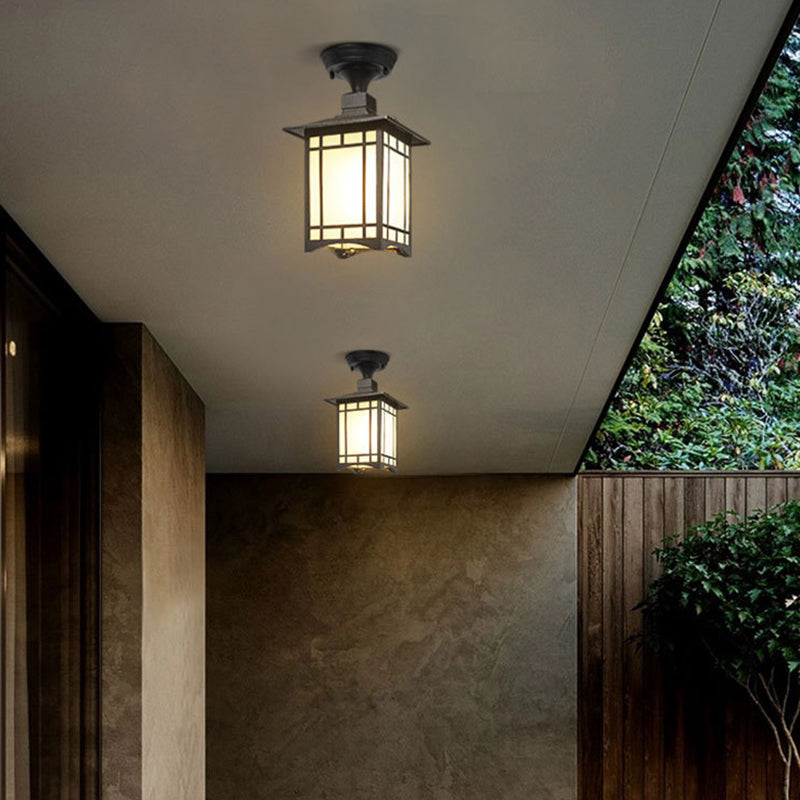 Traditionelle chinesische wasserdichte Eisen-Aluminium-Glas-Zylinder-Pergola 1-Licht Semi-Flush-Mount-Deckenleuchte Außenleuchte für Außenpatio | Brehn