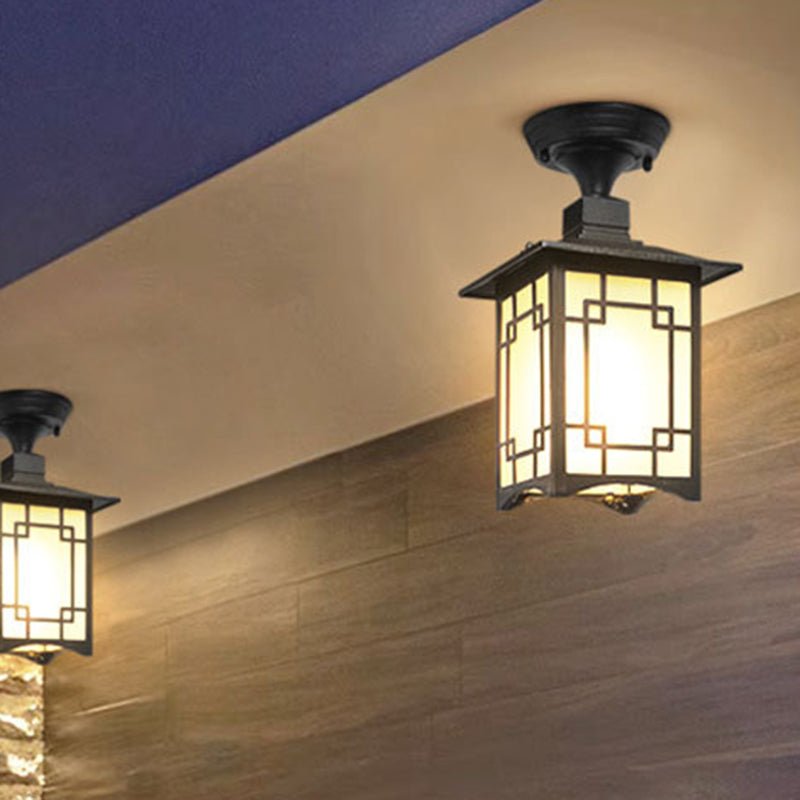 Traditionelle chinesische wasserdichte Eisen-Aluminium-Glas-Zylinder-Pergola 1-Licht Semi-Flush-Mount-Deckenleuchte Außenleuchte für Außenpatio | Brehn