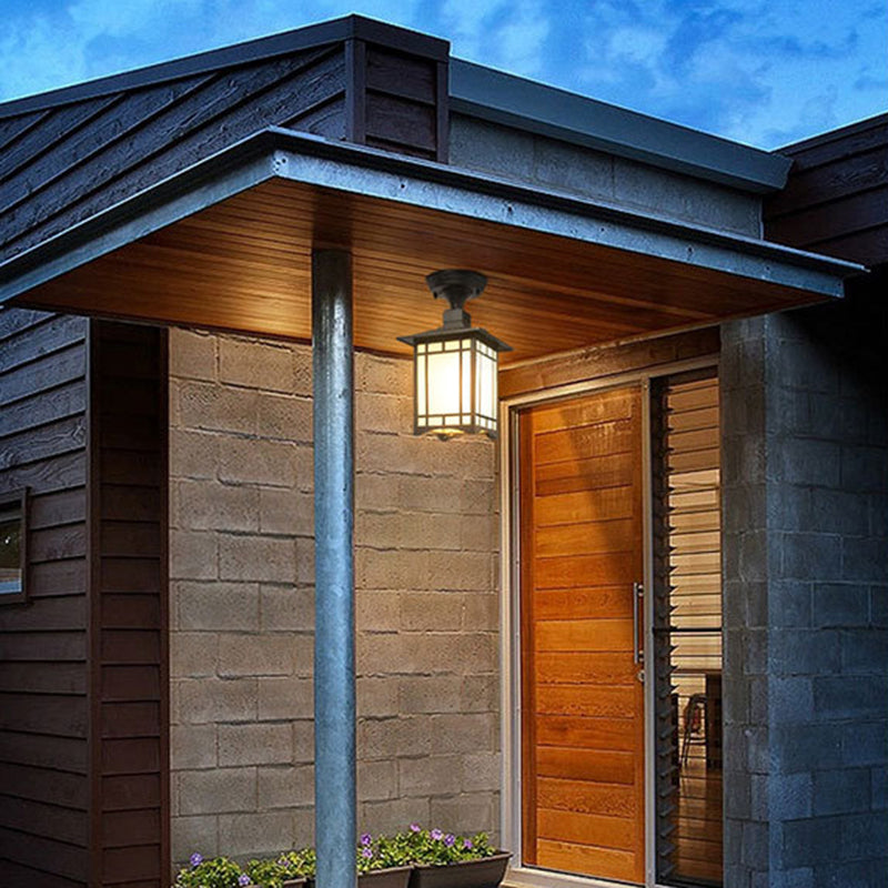 Traditionelle chinesische wasserdichte Eisen-Aluminium-Glas-Zylinder-Pergola 1-Licht Semi-Flush-Mount-Deckenleuchte Außenleuchte für Außenpatio | Brehn