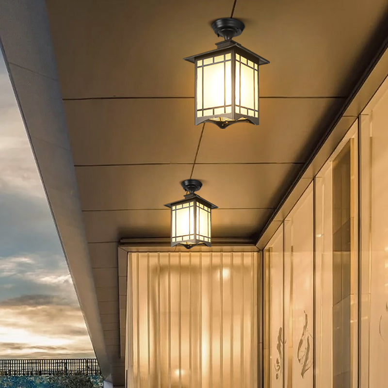 Traditionelle chinesische wasserdichte Eisen-Aluminium-Glas-Zylinder-Pergola 1-Licht Semi-Flush-Mount-Deckenleuchte Außenleuchte für Außenpatio | Brehn