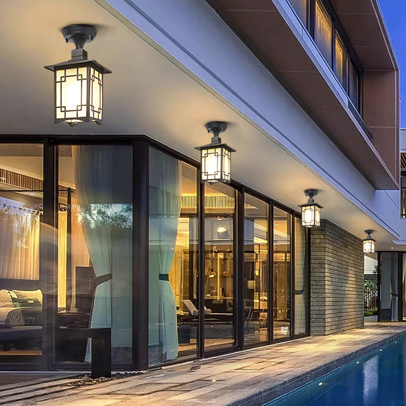 Traditionelle chinesische wasserdichte Eisen-Aluminium-Glas-Zylinder-Pergola 1-Licht Semi-Flush-Mount-Deckenleuchte Außenleuchte für Außenpatio | Brehn